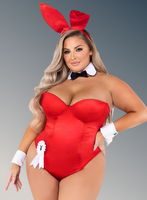 Person wearing a red bunny costume with a gray background