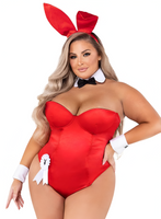 Person wearing a red bunny costume with a white background