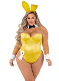Person wearing a yellow bunny costume with ears on a white background