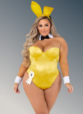 Person wearing a yellow bunny costume with ears and a bodysuit on a gray background
