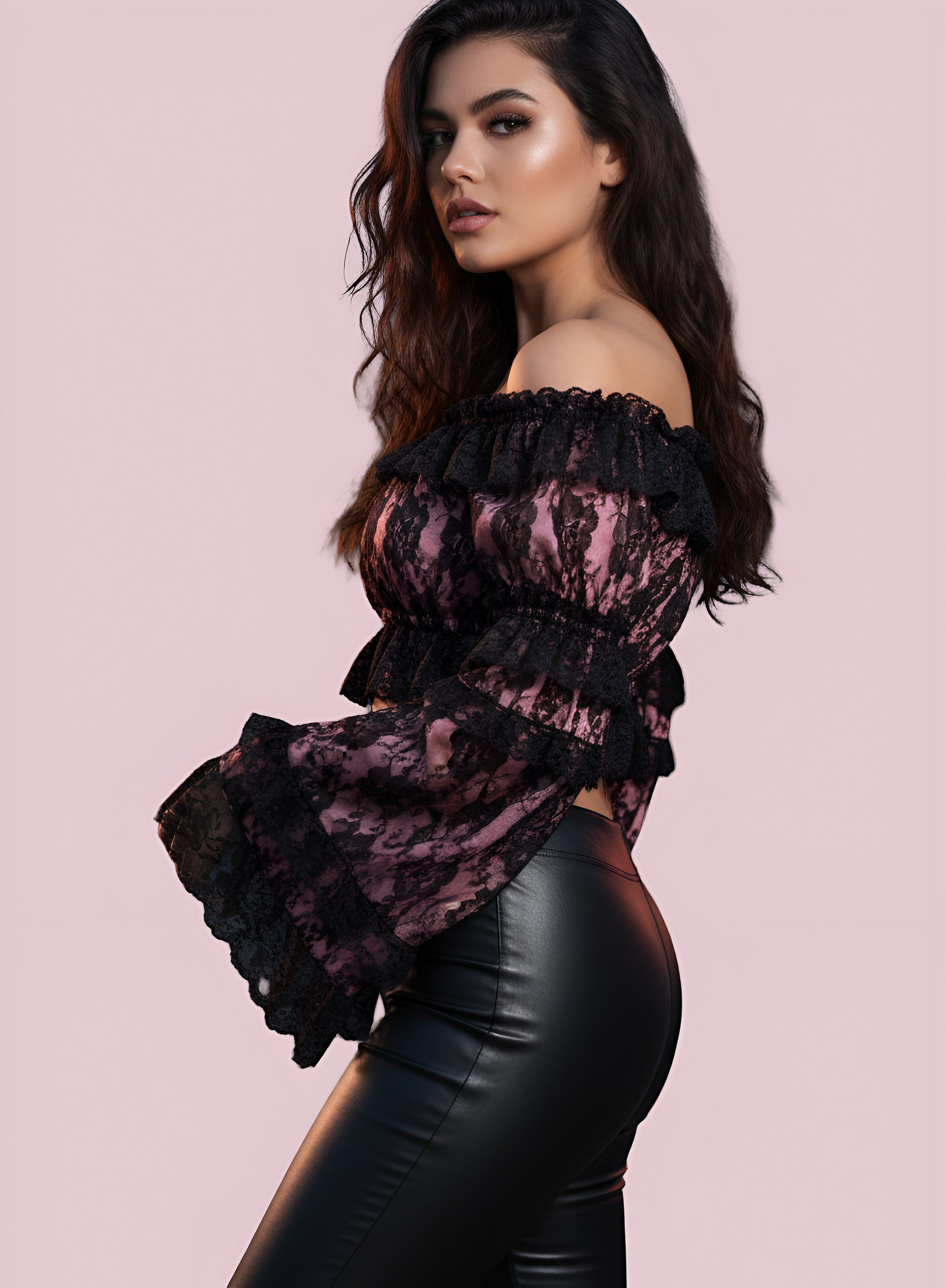 Pink/Black Lace Smocked Flare Sleeve Peasant Top - Autumn LeAnn Designs®
