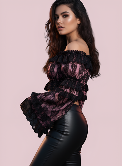 Pink/Black Lace Smocked Flare Sleeve Peasant Top - Autumn LeAnn Designs®
