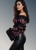 Pink/Black Lace Smocked Flare Sleeve Peasant Top