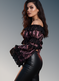 Pink/Black Lace Smocked Flare Sleeve Peasant Top