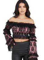 Pink/Black Lace Smocked Flare Sleeve Peasant Top