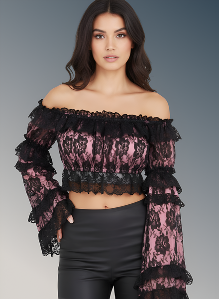 Pink/Black Lace Smocked Flare Sleeve Peasant Top