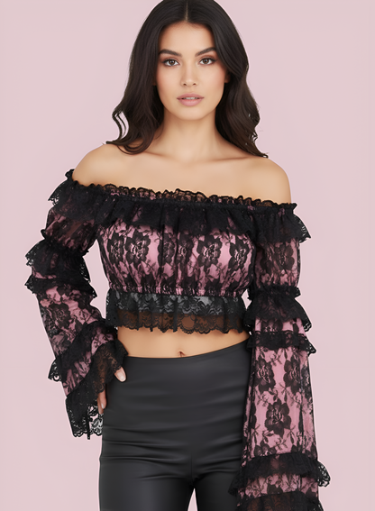 Pink/Black Lace Smocked Flare Sleeve Peasant Top - Autumn LeAnn Designs®