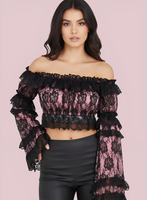 Pink/Black Lace Smocked Flare Sleeve Peasant Top