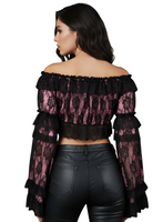 Pink/Black Lace Smocked Flare Sleeve Peasant Top