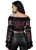 Pink/Black Lace Smocked Flare Sleeve Peasant Top
