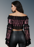 Pink/Black Lace Smocked Flare Sleeve Peasant Top