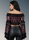 Pink/Black Lace Smocked Flare Sleeve Peasant Top