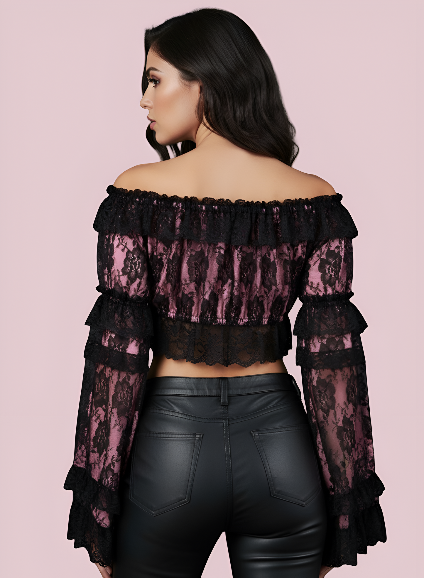 Pink/Black Lace Smocked Flare Sleeve Peasant Top - Autumn LeAnn Designs®