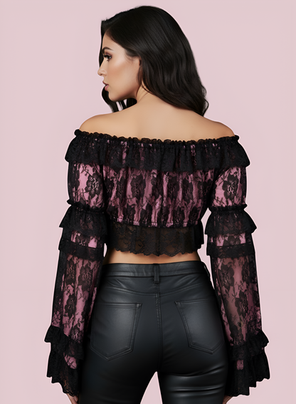 Pink/Black Lace Smocked Flare Sleeve Peasant Top - Autumn LeAnn Designs®
