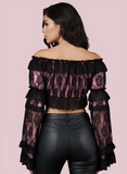 Pink/Black Lace Smocked Flare Sleeve Peasant Top