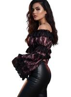 Pink/Black Lace Smocked Flare Sleeve Peasant Top
