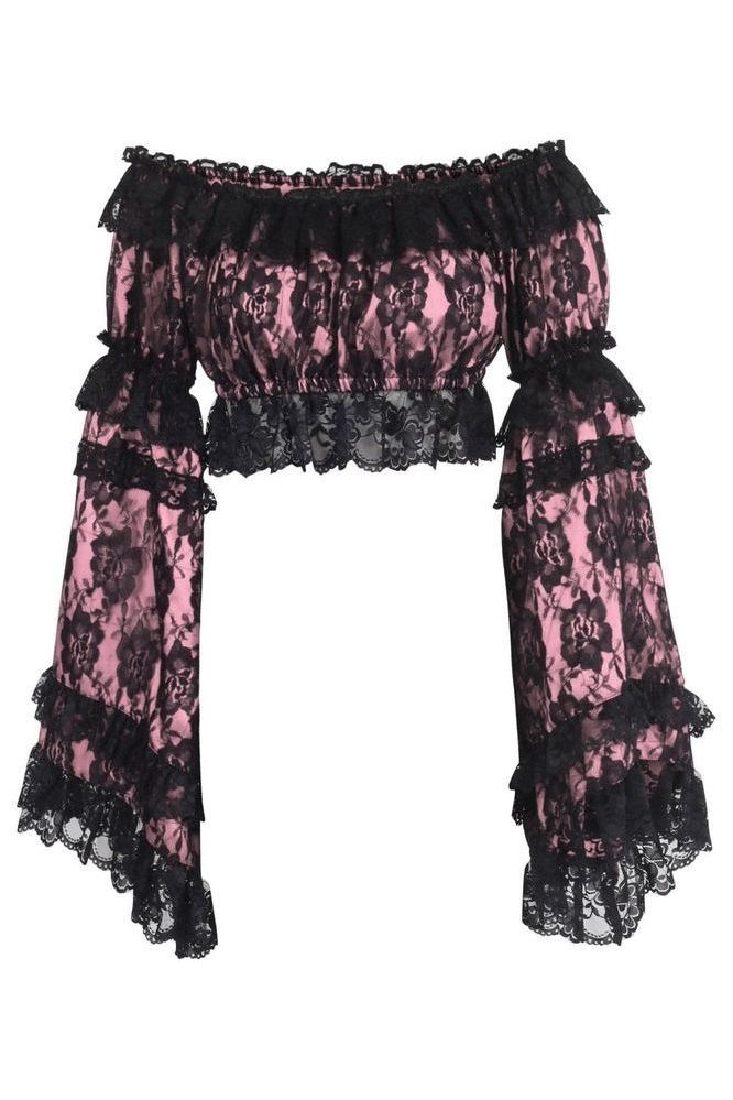 Pink/Black Lace Smocked Flare Sleeve Peasant Top - Autumn LeAnn Designs®