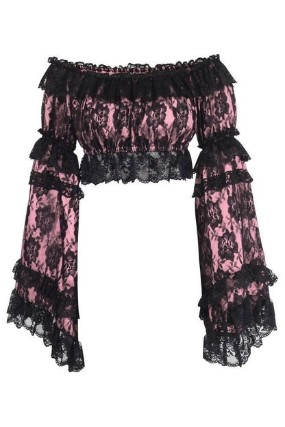 Pink/Black Lace Smocked Flare Sleeve Peasant Top - Autumn LeAnn Designs®