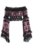 Pink/Black Lace Smocked Flare Sleeve Peasant Top