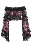 Pink/Black Lace Smocked Flare Sleeve Peasant Top