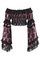 Pink/Black Lace Smocked Flare Sleeve Peasant Top