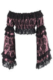 Pink/Black Lace Smocked Flare Sleeve Peasant Top