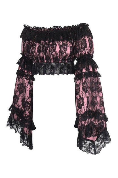 Pink/Black Lace Smocked Flare Sleeve Peasant Top - Autumn LeAnn Designs®