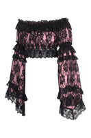 Pink/Black Lace Smocked Flare Sleeve Peasant Top