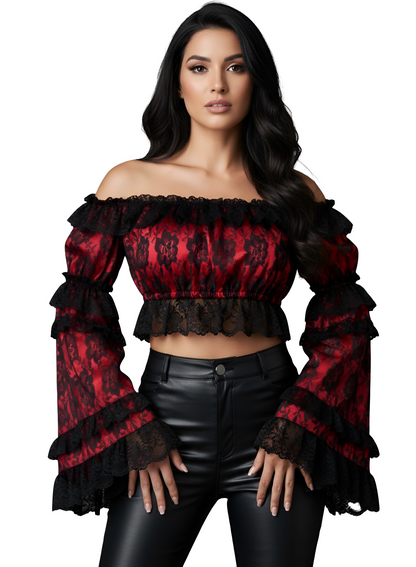 Red/Black Lace Smocked Flare Sleeve Peasant Top - Autumn LeAnn Designs®