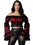 Red/Black Lace Smocked Flare Sleeve Peasant Top