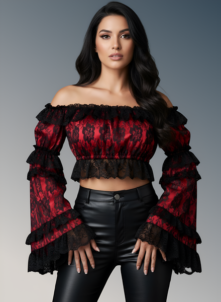 Red/Black Lace Smocked Flare Sleeve Peasant Top