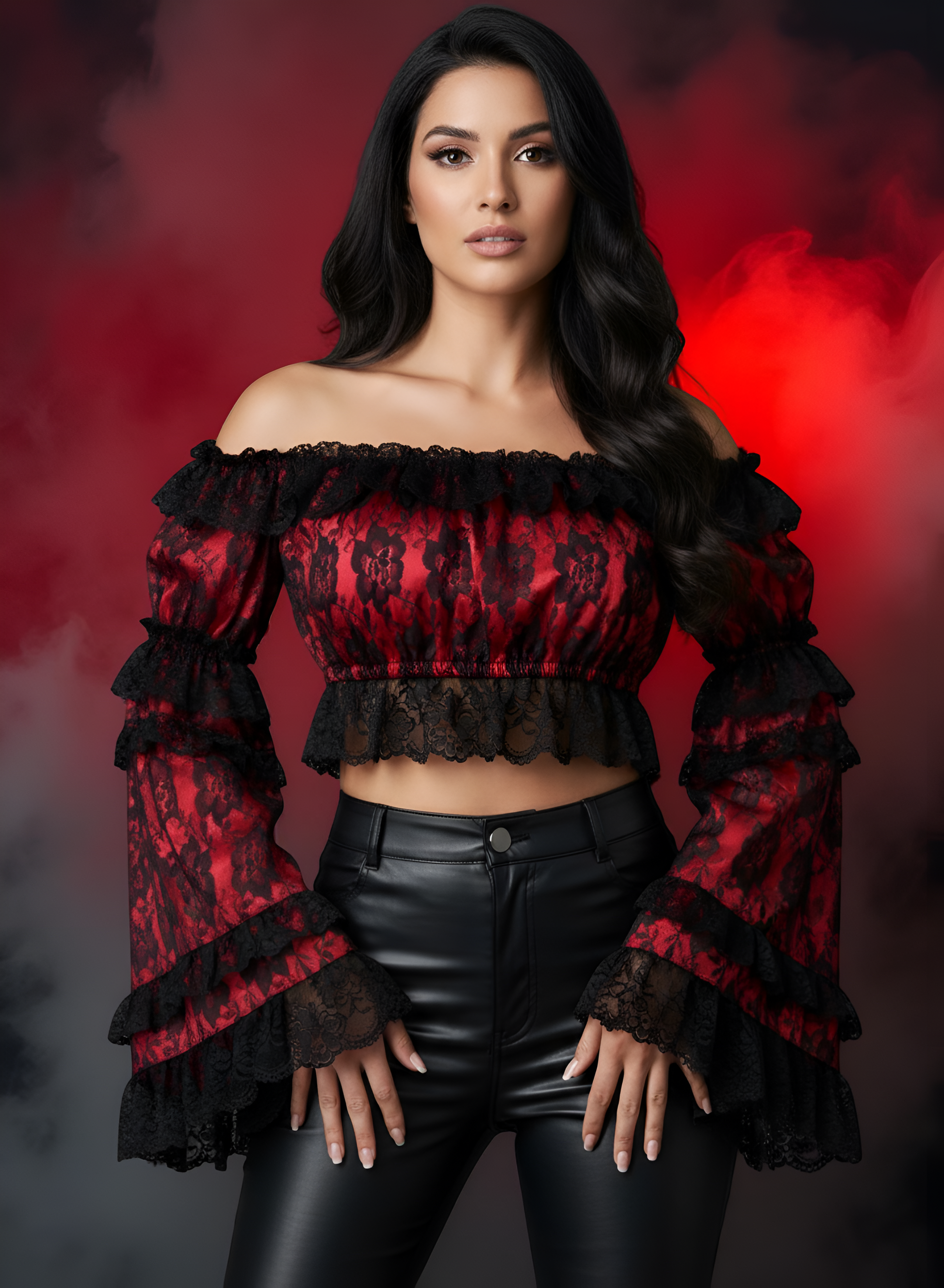 Red/Black Lace Smocked Flare Sleeve Peasant Top - Autumn LeAnn Designs®