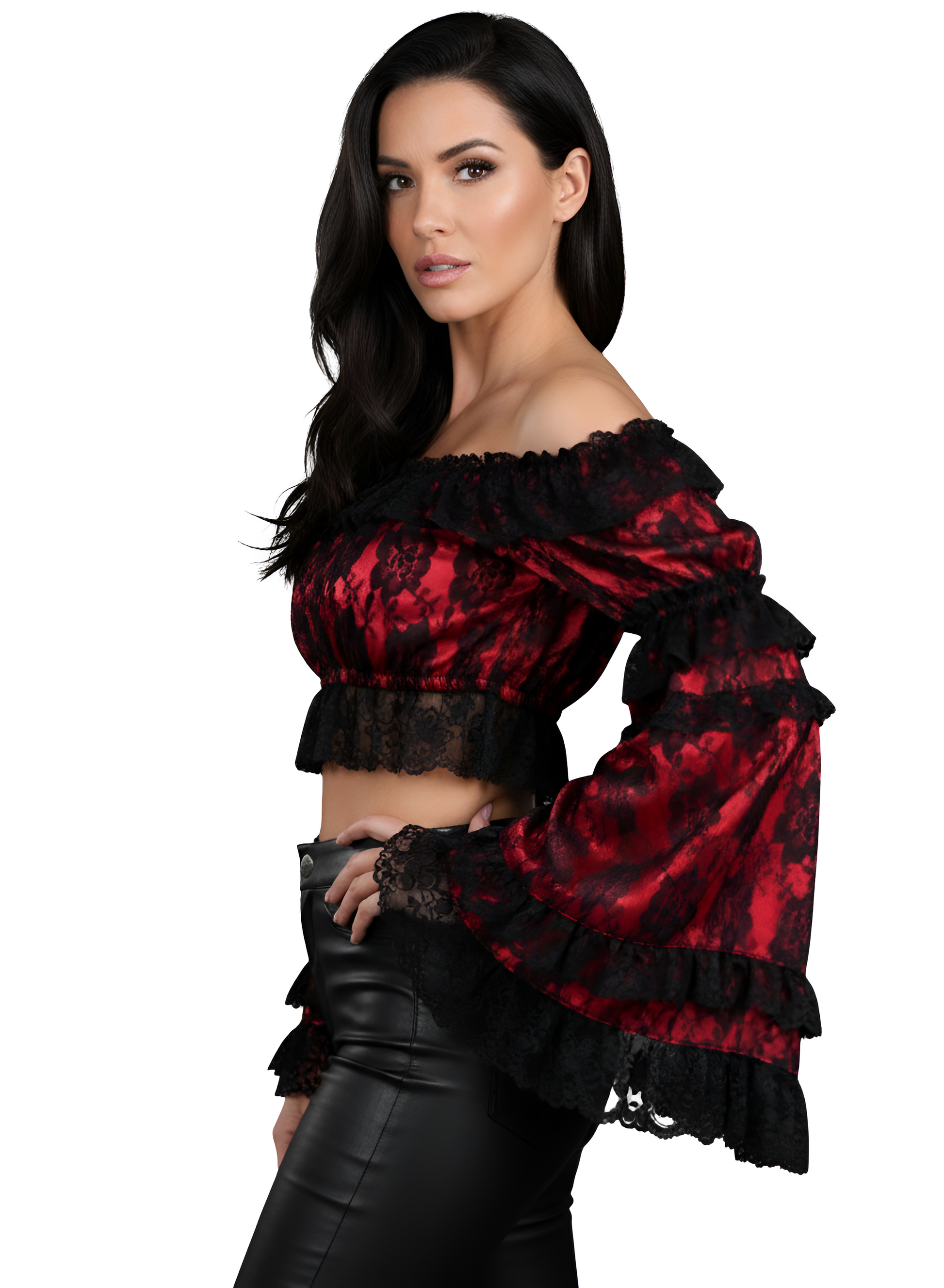 Red/Black Lace Smocked Flare Sleeve Peasant Top - Autumn LeAnn Designs®