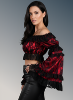 Red/Black Lace Smocked Flare Sleeve Peasant Top