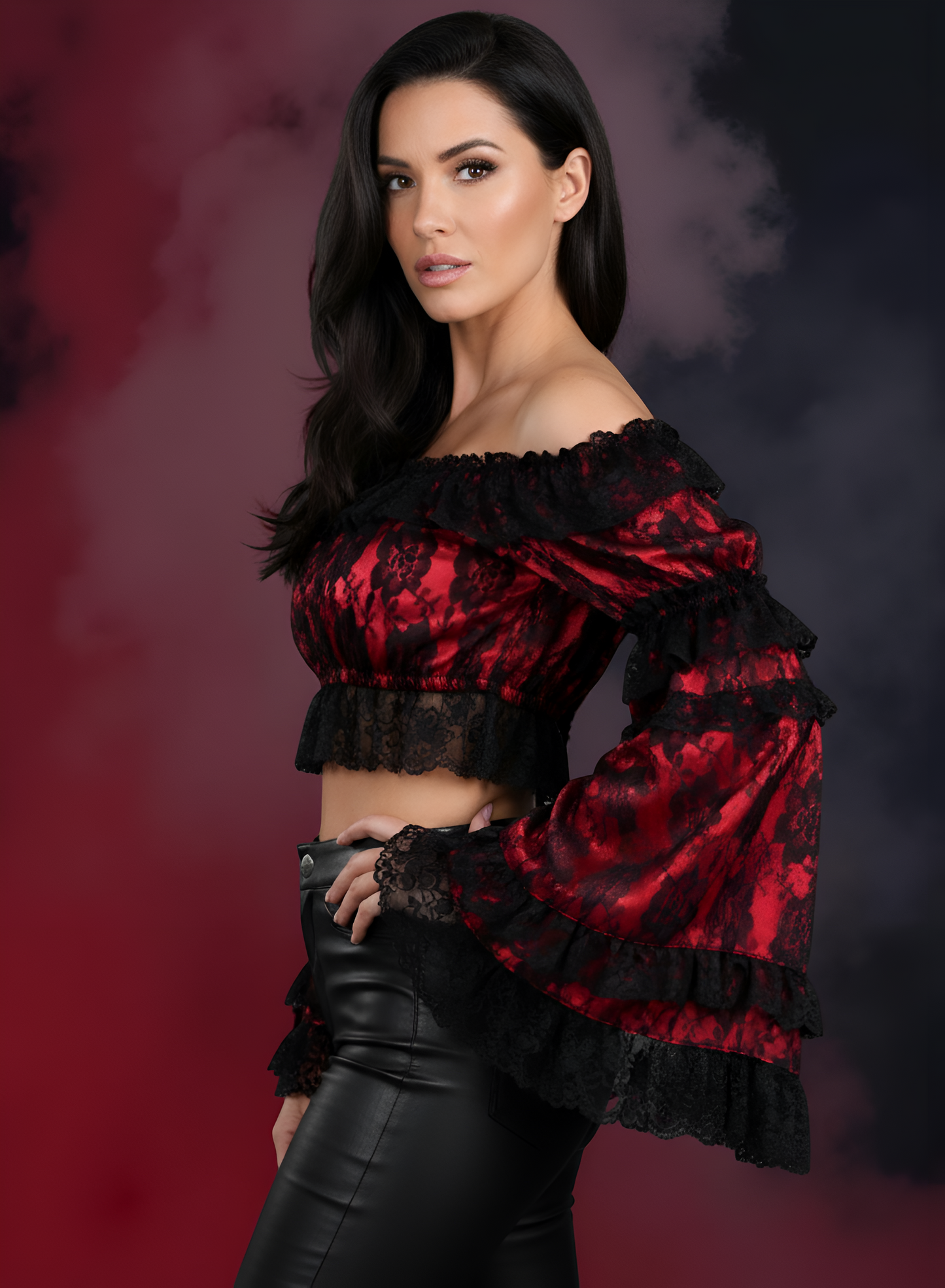 Red/Black Lace Smocked Flare Sleeve Peasant Top - Autumn LeAnn Designs®
