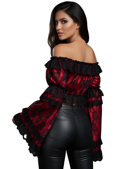 Red/Black Lace Smocked Flare Sleeve Peasant Top - Autumn LeAnn Designs®