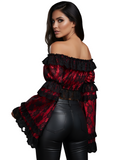 Red/Black Lace Smocked Flare Sleeve Peasant Top