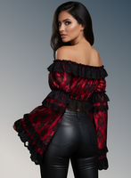Red/Black Lace Smocked Flare Sleeve Peasant Top