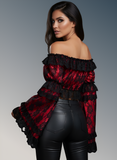 Red/Black Lace Smocked Flare Sleeve Peasant Top