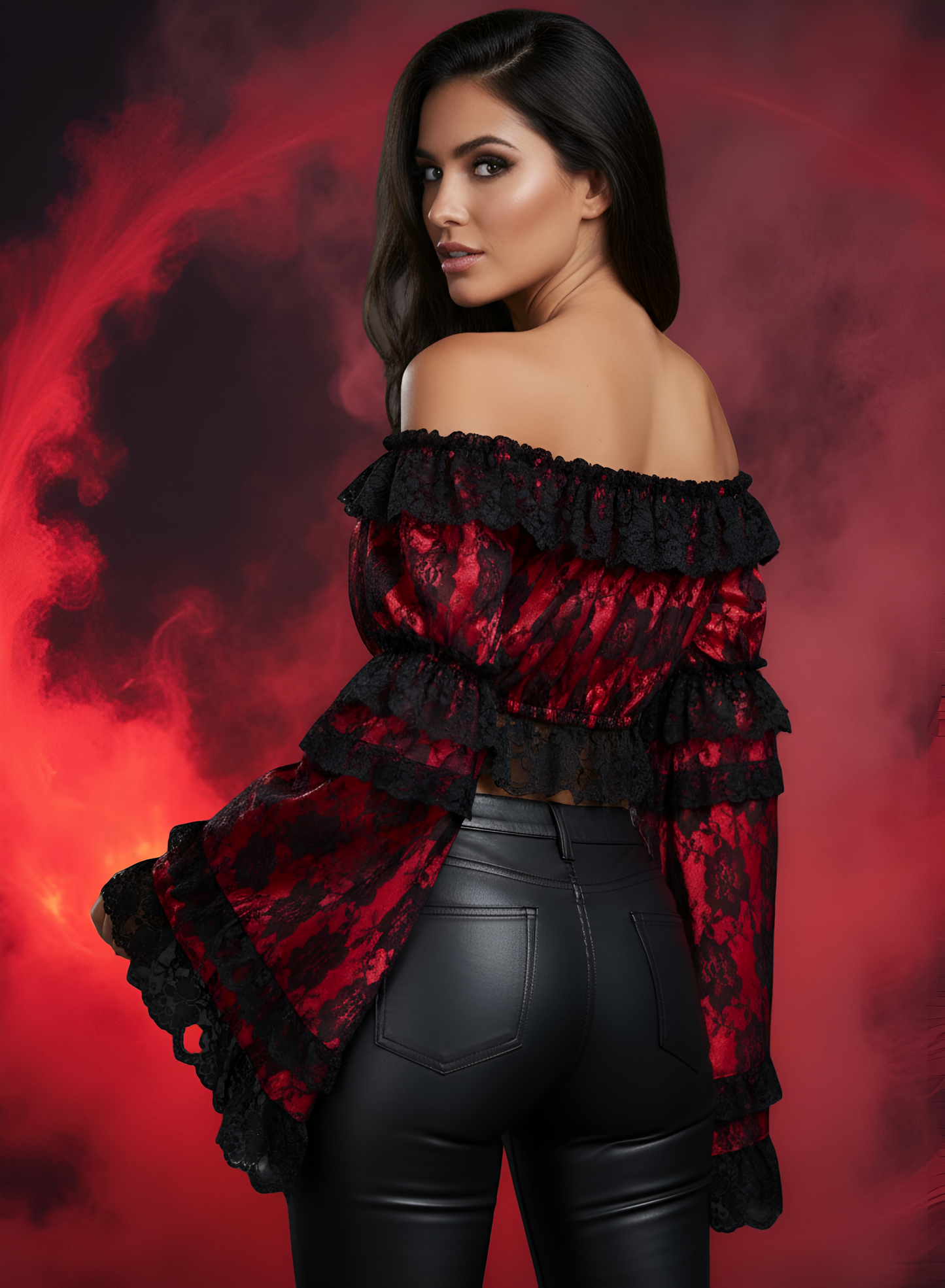 Red/Black Lace Smocked Flare Sleeve Peasant Top - Autumn LeAnn Designs®
