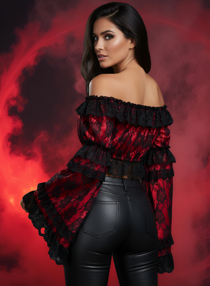 Red/Black Lace Smocked Flare Sleeve Peasant Top - Autumn LeAnn Designs®