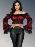 Red/Black Lace Smocked Flare Sleeve Peasant Top