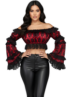 Red/Black Lace Smocked Flare Sleeve Peasant Top