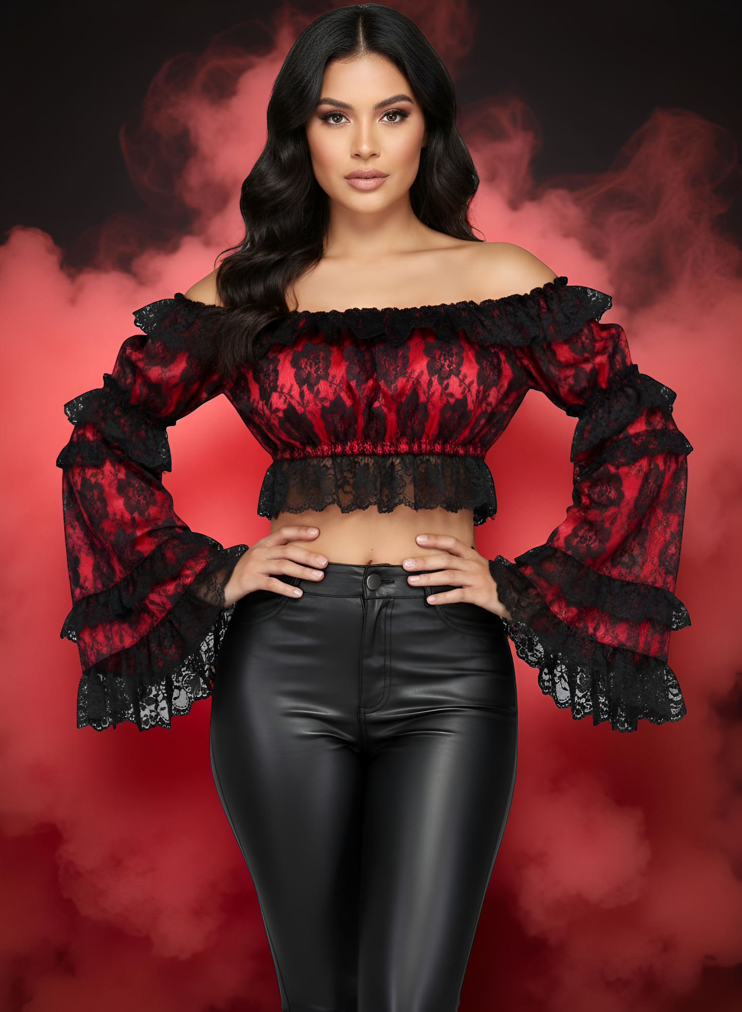 Red/Black Lace Smocked Flare Sleeve Peasant Top - Autumn LeAnn Designs®