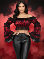 Red/Black Lace Smocked Flare Sleeve Peasant Top