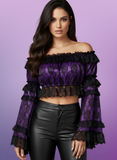 Purple/Black Lace Smocked Flare Sleeve Peasant Top
