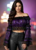 Purple/Black Lace Smocked Flare Sleeve Peasant Top
