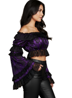 Purple/Black Lace Smocked Flare Sleeve Peasant Top
