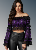 Purple/Black Lace Smocked Flare Sleeve Peasant Top