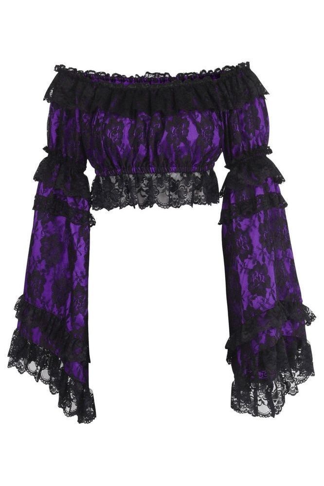 Purple/Black Lace Smocked Flare Sleeve Peasant Top - Autumn LeAnn Designs®